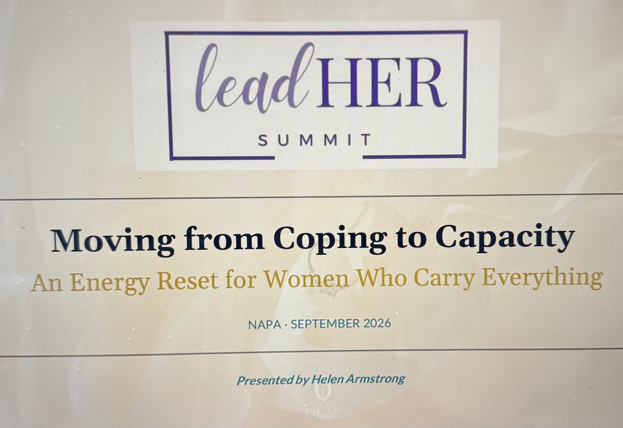 leadHER Summit title slide: Moving from Coping to Capacity, presented by Helen Armstrong